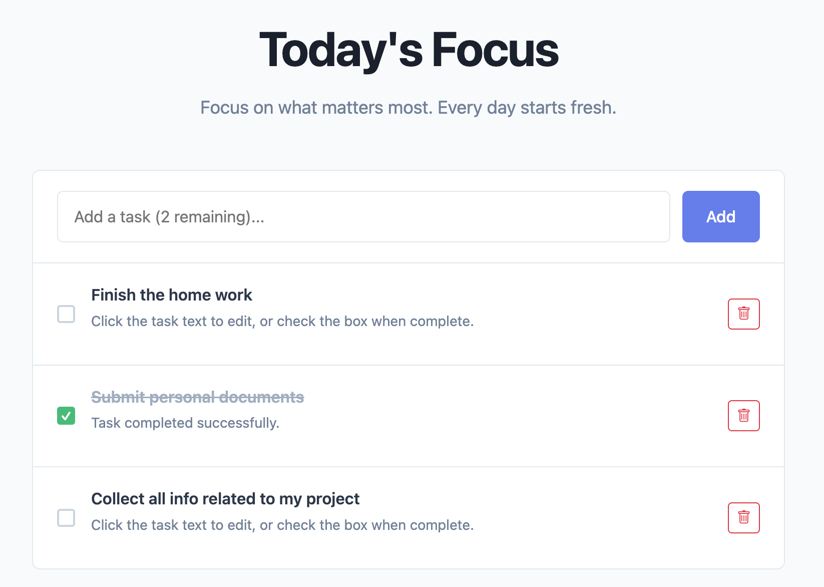 Anihola app interface showing Today's Focus with task management